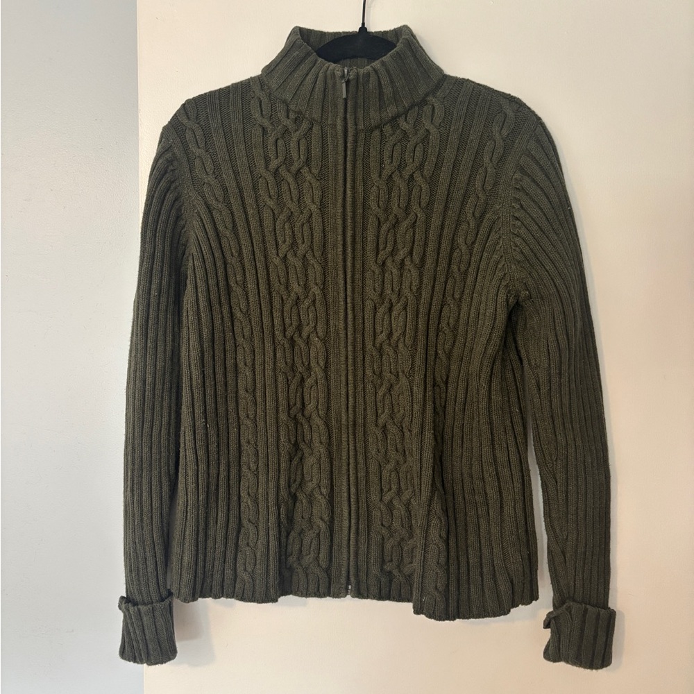 Karen Scott Green Cable Knit Zip Sweater, Size M